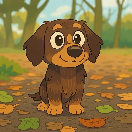 Happy brown dachshund illustrated as a cartoon in an autumn park