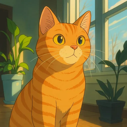 Orange tabby cat illustrated as a sunlit cartoon portrait indoors